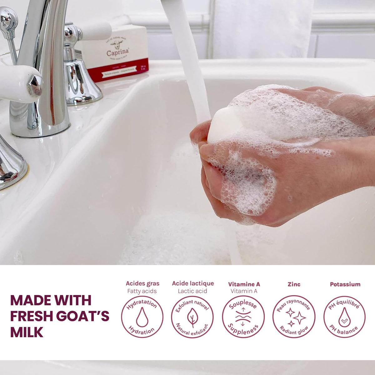Caprina soap in hand during wash demonstrating gentle cleansing benefit