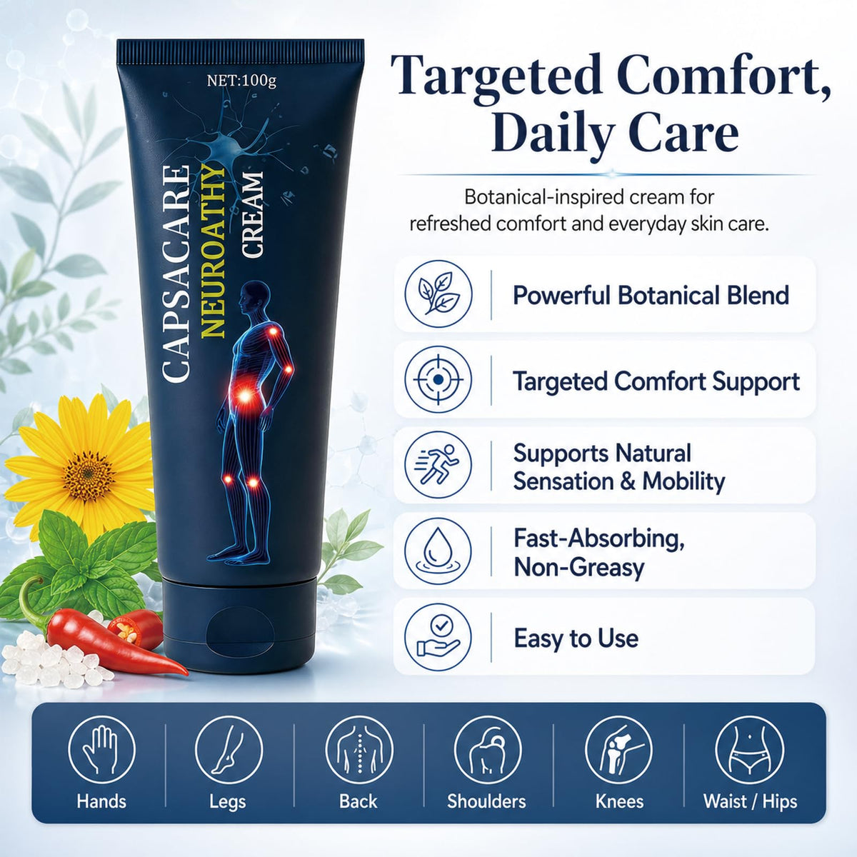 Capsacare back label close-up listing ingredients and usage benefits