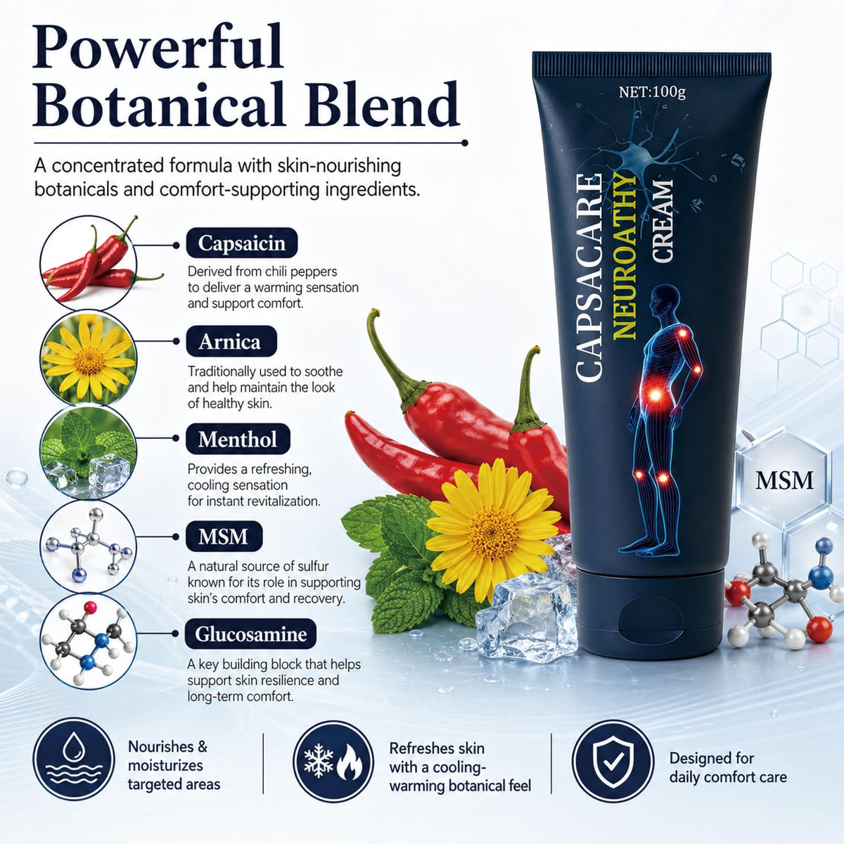 Capsacare cream applied to foot demonstrating targeted relief and moisturization