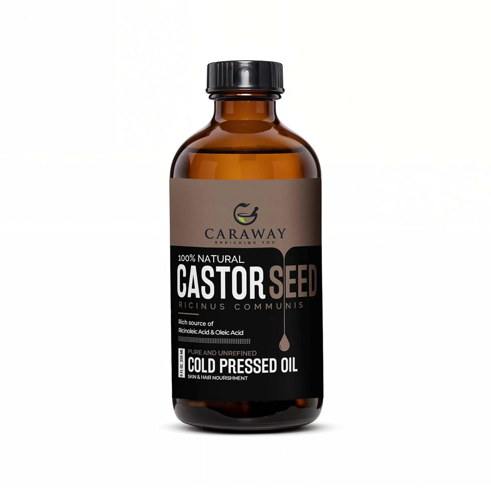 CARAWAY glass bottle front packaging showing pure castor oil and 236ml volume benefit clarity