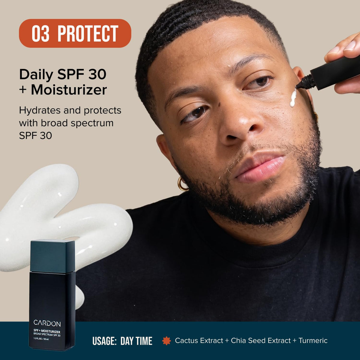 Cardon routine in bathroom setting with products staged for quick daily use