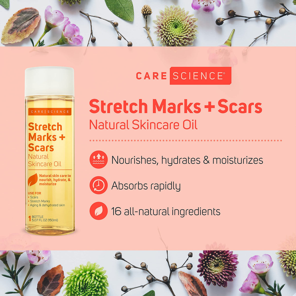 Care Science oil pouring close-up showing silky texture for quick absorption benefit