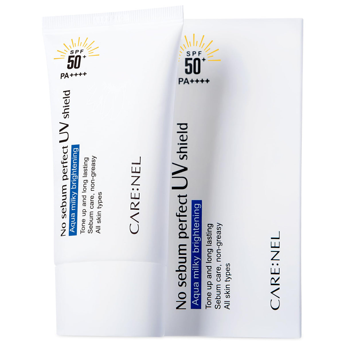 CARE:NEL front packaging showing SPF50+ protection and compact design benefit