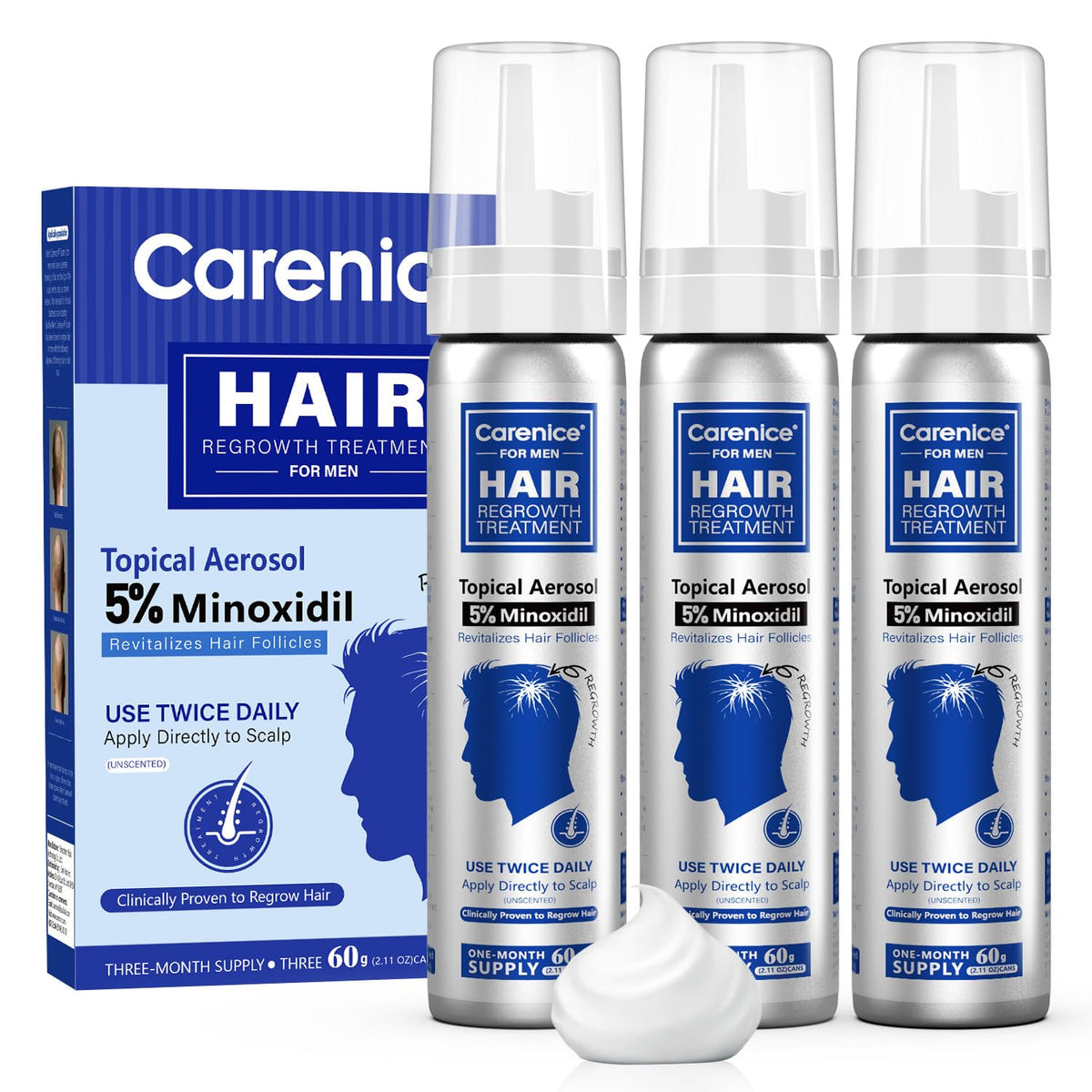 CARENICE front packaging showing minoxidil foam and benefits