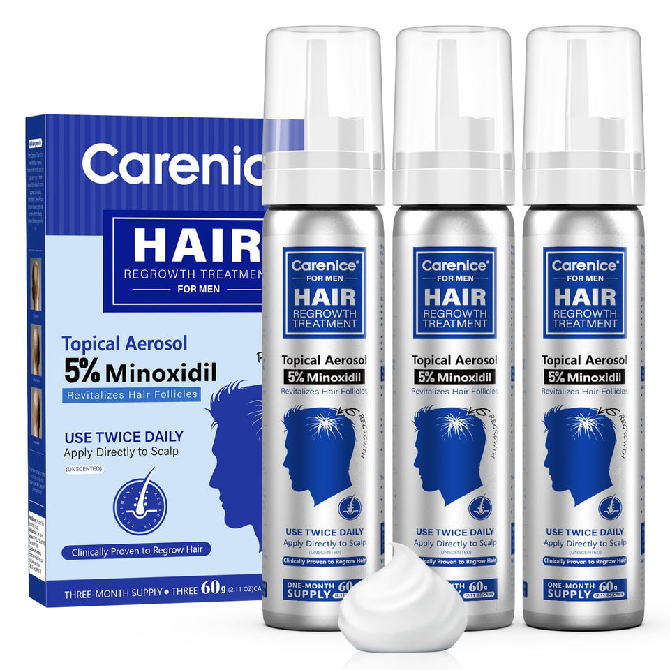 CARENICE front packaging showing minoxidil foam and benefits