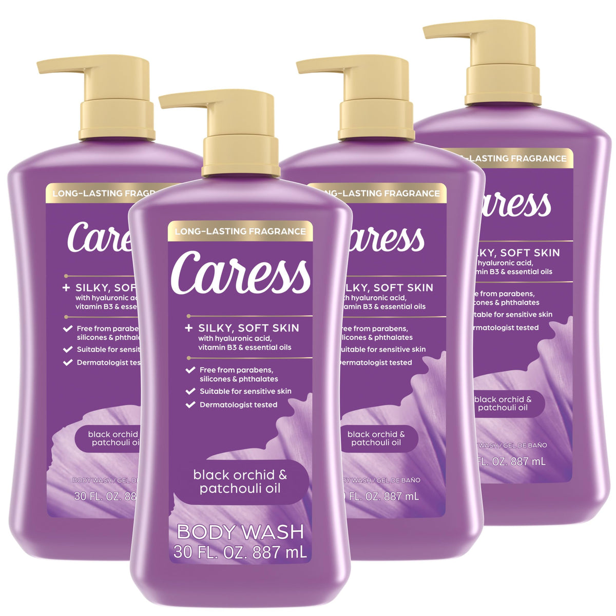 Caress bottle front packaging showcasing scent and benefits