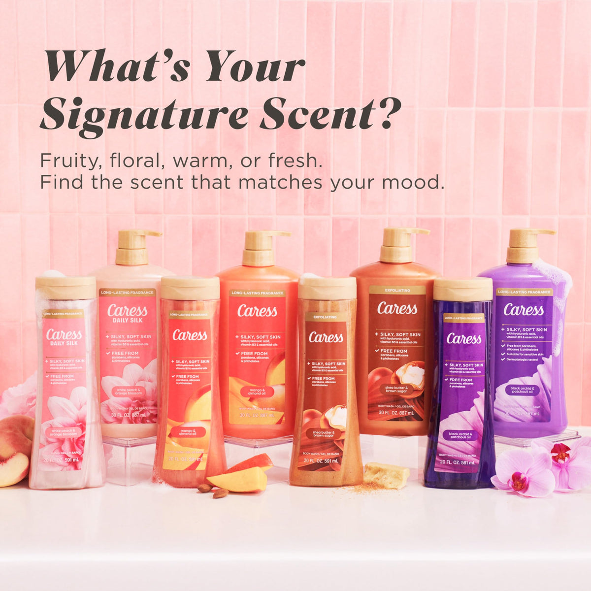 Caress bottle on bathroom vanity conveying luxury routine