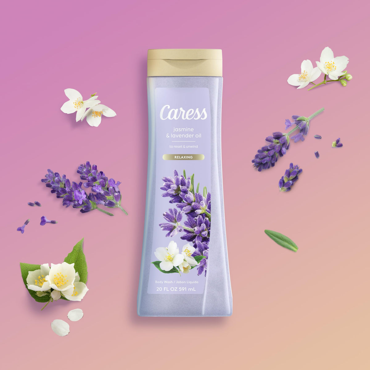 Caress body wash in shower lifestyle scene showing relaxing shower experience benefit