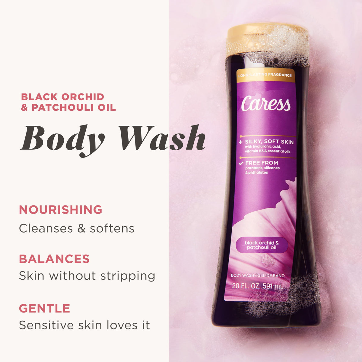 Caress close-up of label highlighting fragrance and product details