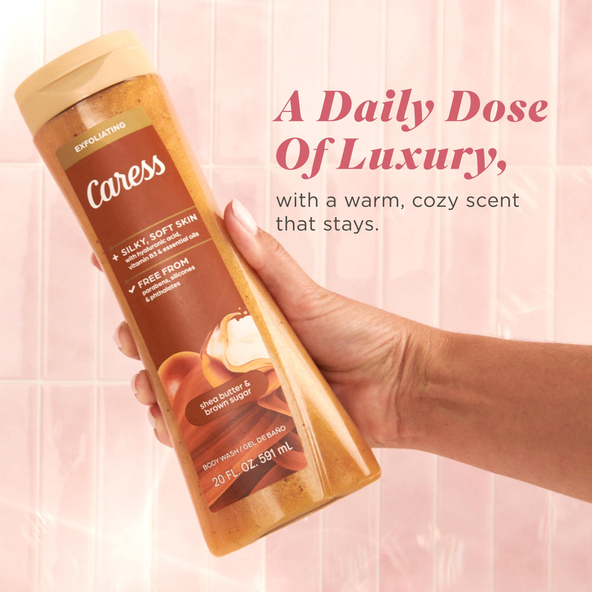 Caress bottle on shower shelf suggesting convenient daily use