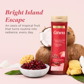 Caress bottle on bathroom shelf lifestyle promoting daily indulgence