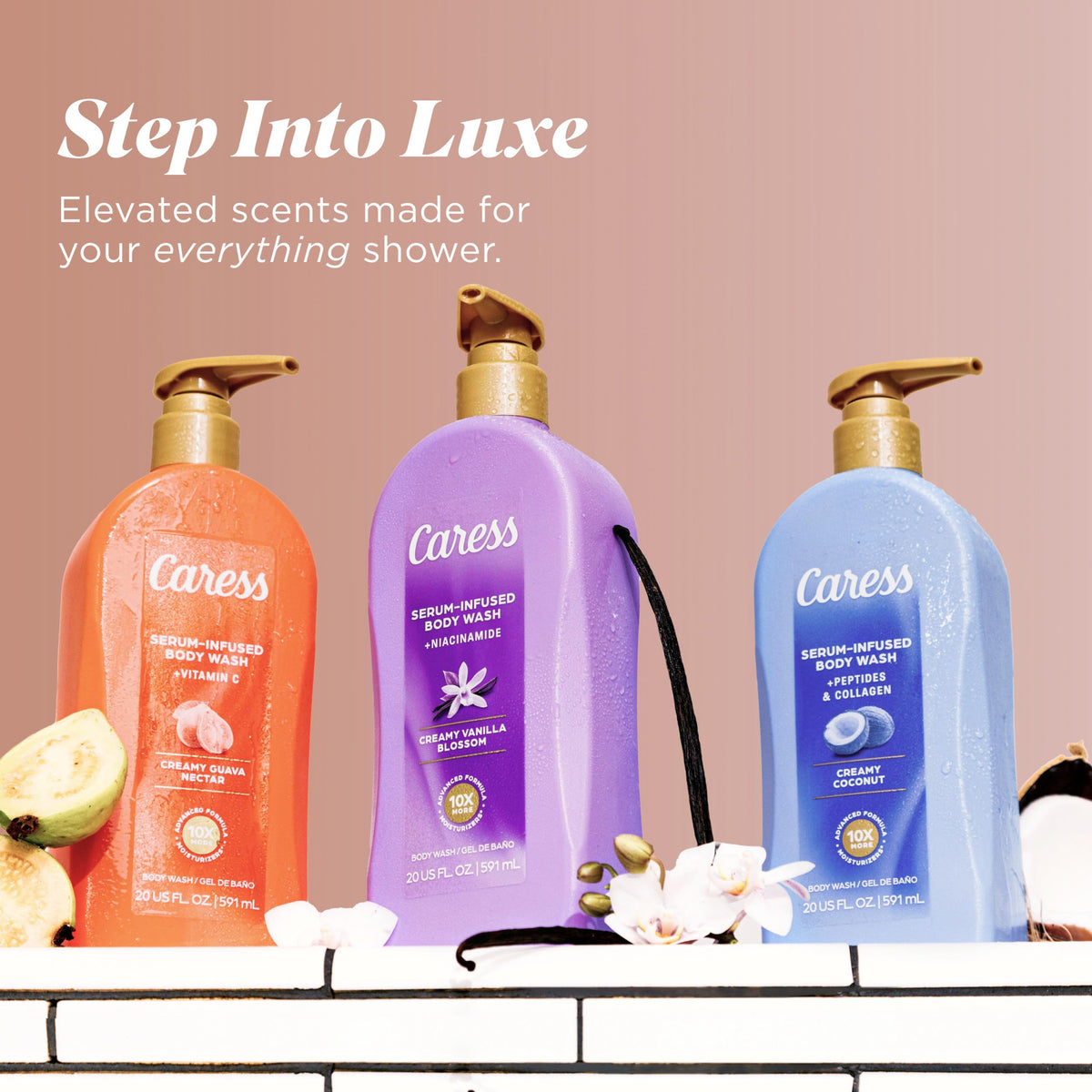 Caress ingredient display with peptides and coconut for skin nourishment