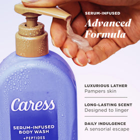 Caress pump dispensing creamy coconut body wash for controlled application