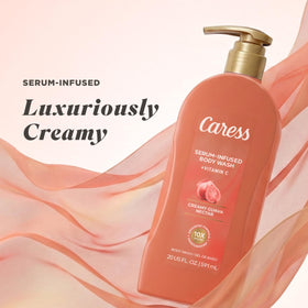 Back label close-up of Caress bottle showing ingredient callouts and dermatologist tested note
