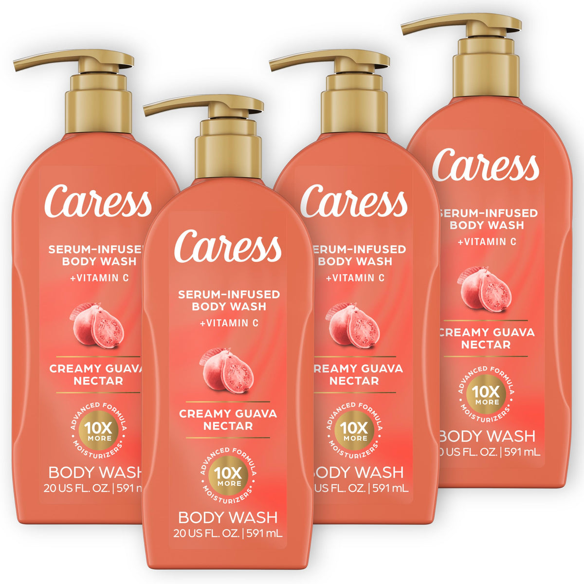 Caress bottle front packaging showing creamy guava nectar and pump for easy dispensing