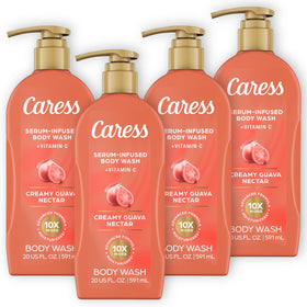 Caress bottle front packaging showing creamy guava nectar and pump for easy dispensing