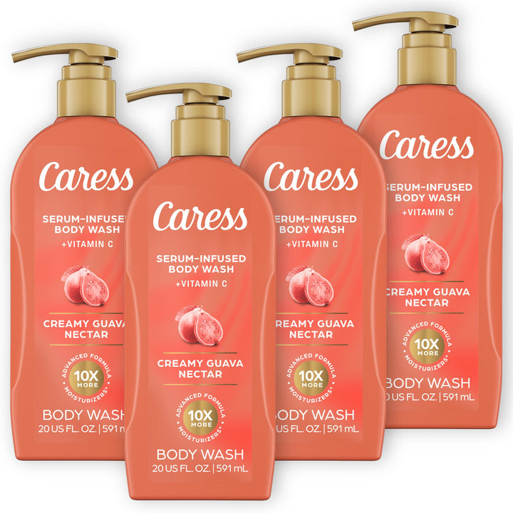 Caress bottle front packaging showing creamy guava nectar and pump for easy dispensing