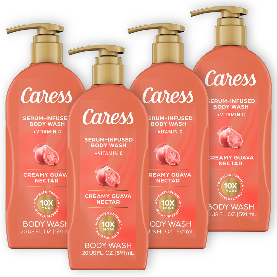Caress bottle front packaging showing creamy guava nectar and pump for easy dispensing