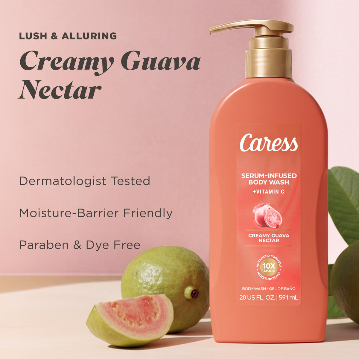 Vitamin C ingredient visual with Caress branding emphasizing antioxidant-infused care