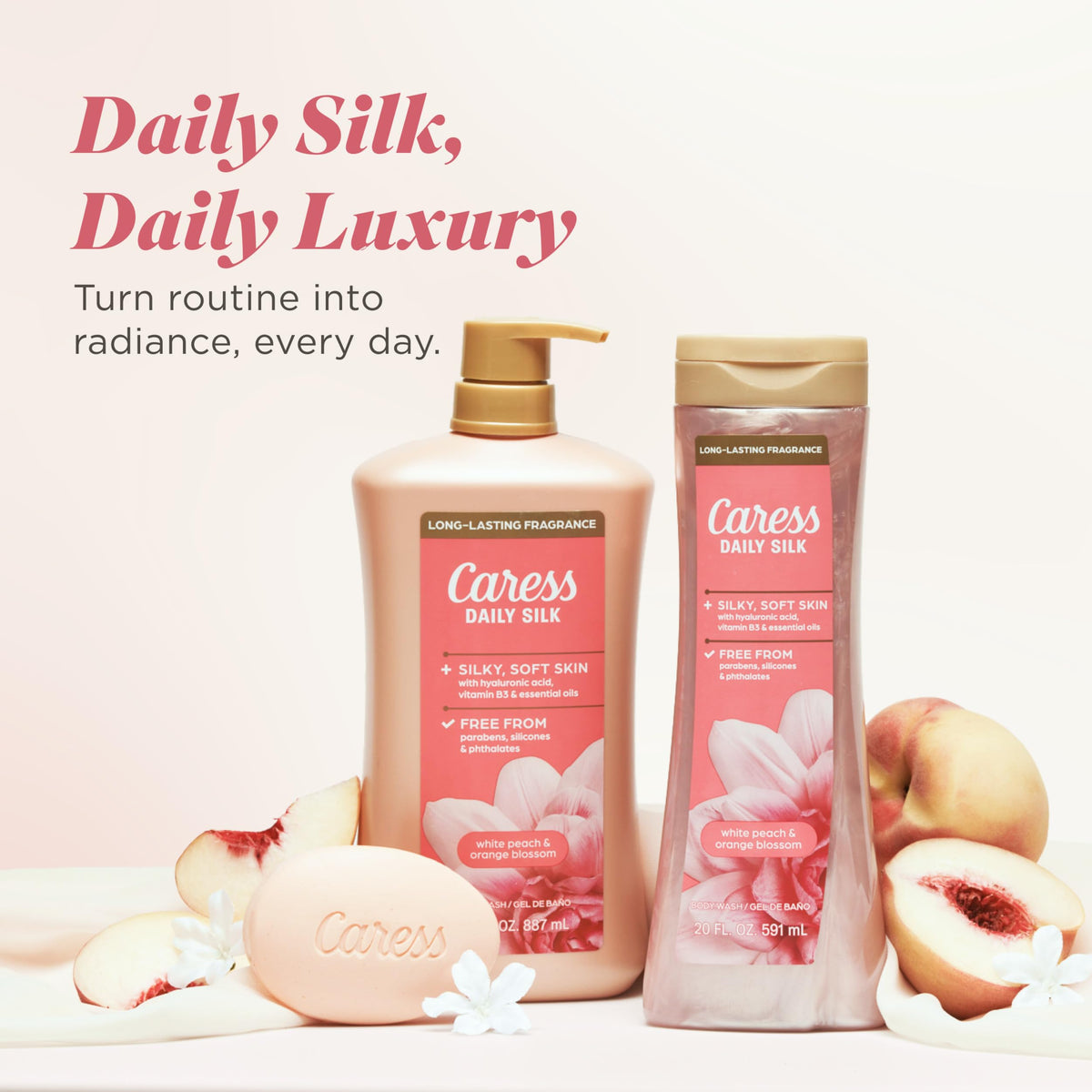 Four Caress pump bottles together demonstrating bulk supply and convenience