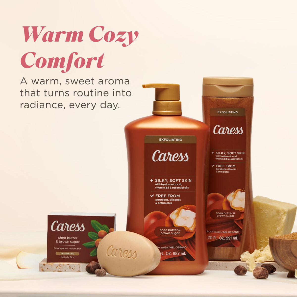 Four-pack of Caress bottles stacked to show value and supply benefit