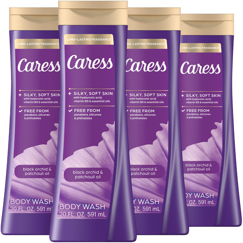 Caress front packaging showing bottle and signature scent benefit