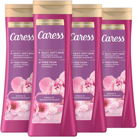 Caress front packaging showing peony and almond blossom scent and benefit of lasting fragrance