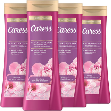 Caress front packaging showing peony and almond blossom scent and benefit of lasting fragrance