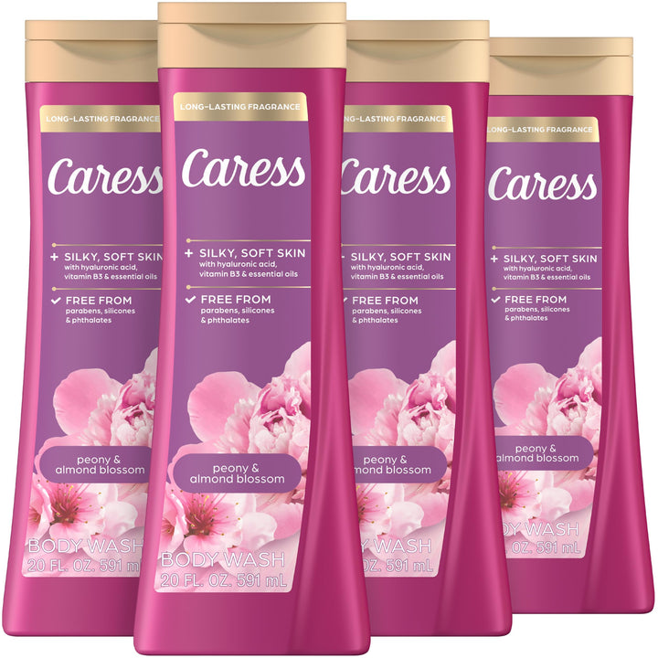 Caress front packaging showing peony and almond blossom scent and benefit of lasting fragrance