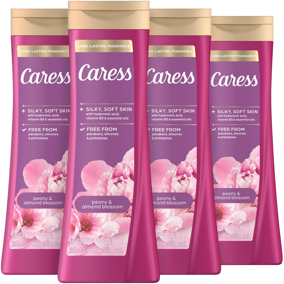 Caress front packaging showing peony and almond blossom scent and benefit of lasting fragrance