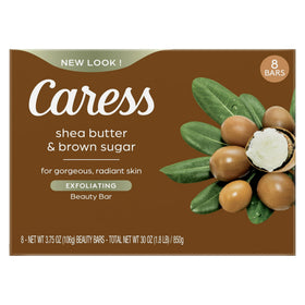 Caress front packaging of shea butter and brown sugar beauty bars showing 8-count convenience and fragrance