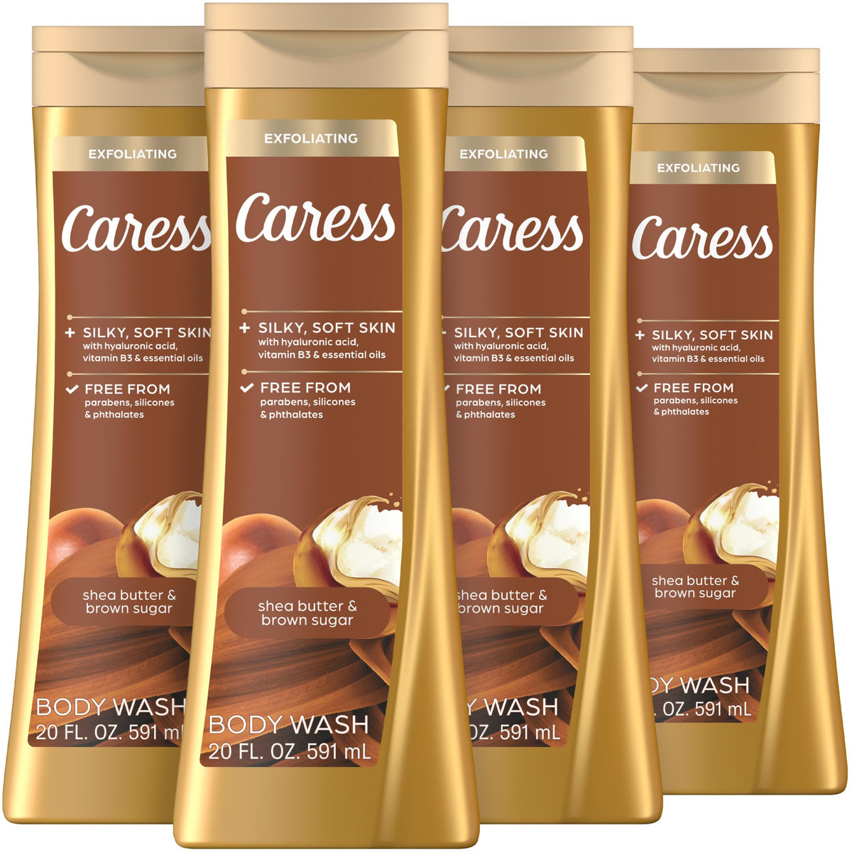 Caress bottle front packaging showing shea butter brown sugar scent benefits