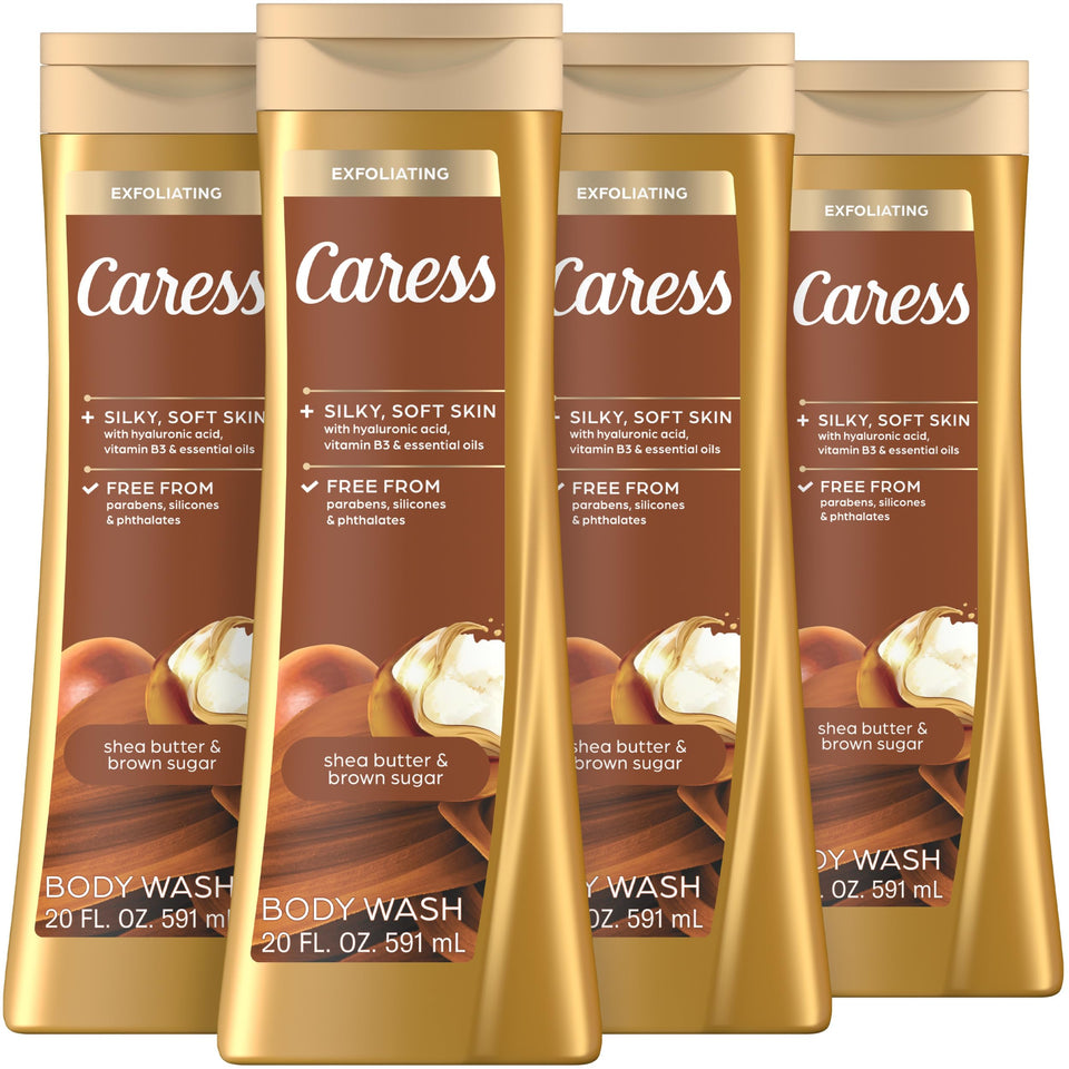 Caress bottle front packaging showing shea butter brown sugar scent benefits