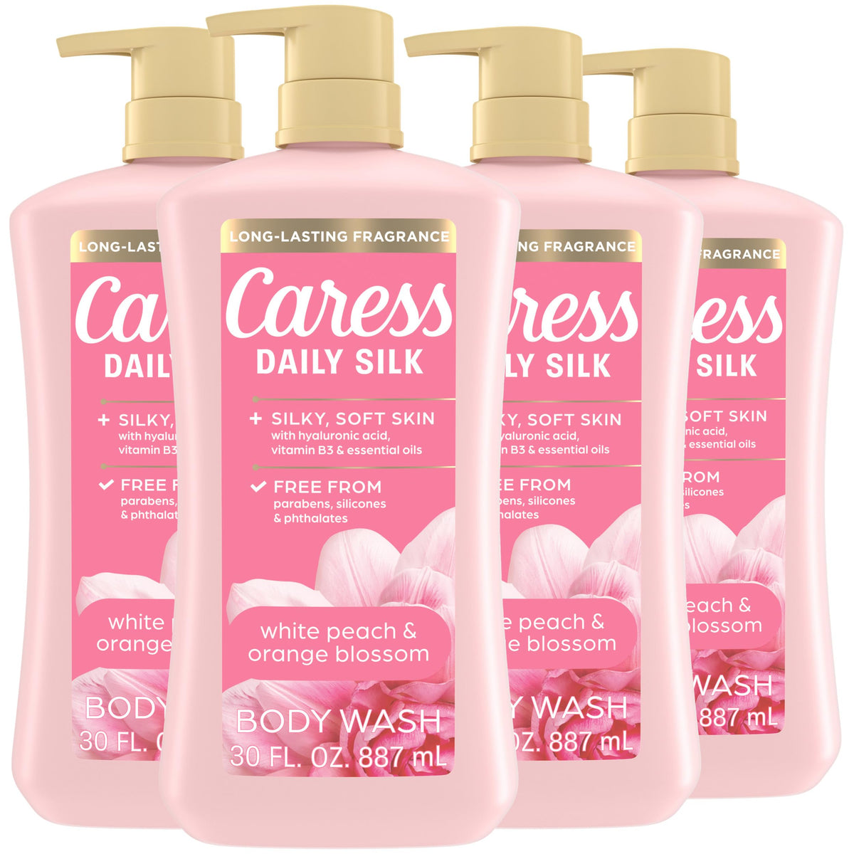 Caress bottle front packaging showing white peach and orange blossom fragrance benefit