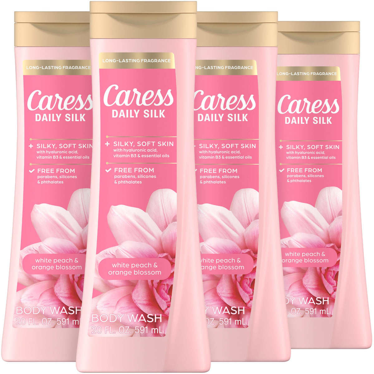 Caress front packaging showing white peach and orange blossom scent and elegant bottle