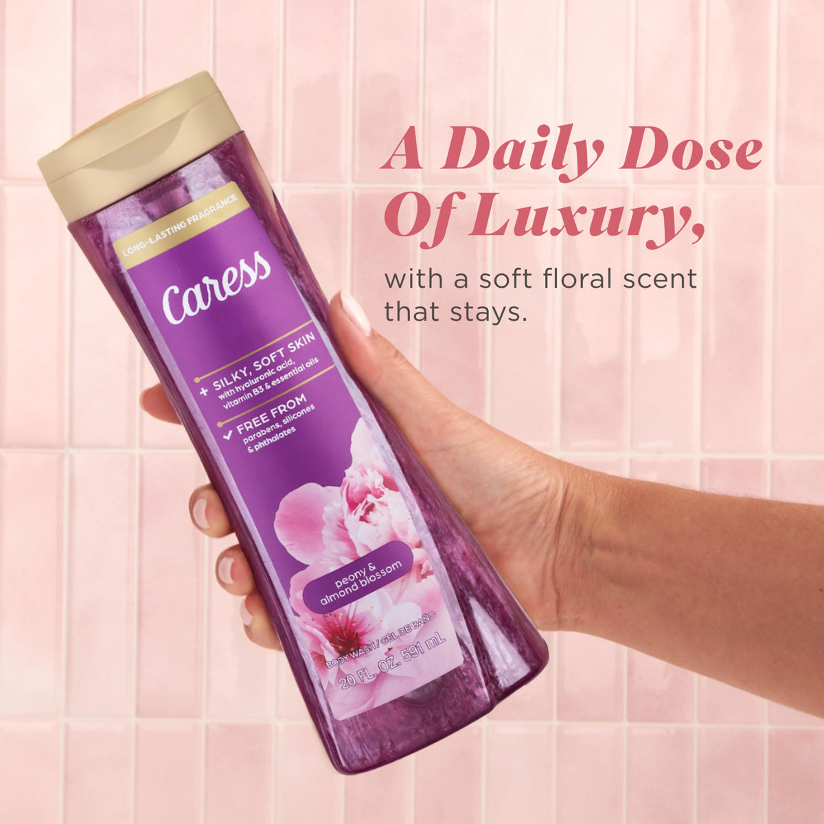Caress ingredient callout featuring hyaluronic acid and vitamin B3 for visible softness