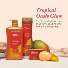 Illustration of mango and floral fragrance notes for Caress scent