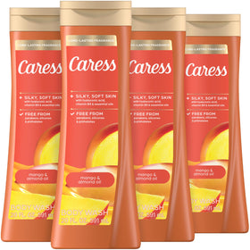 Caress bottle front packaging showing mango almond scent and benefits