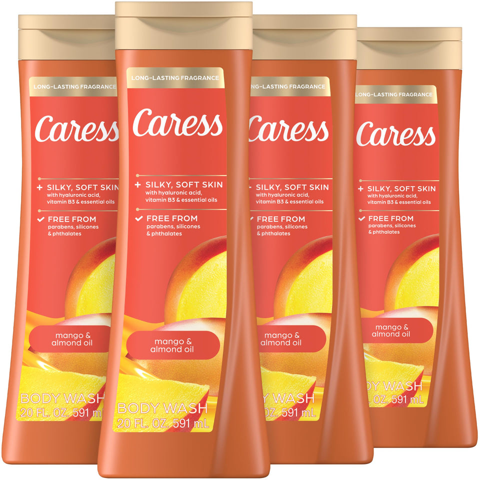 Caress bottle front packaging showing mango almond scent and benefits