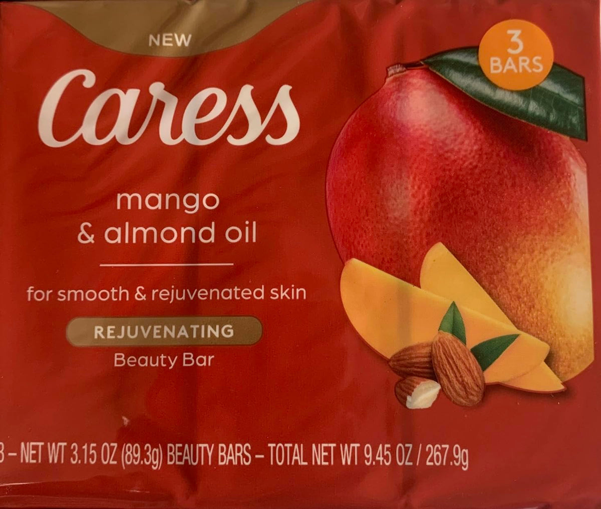 Caress mango and almond oil bar front pack shows nourishing formula and travel-ready advantages