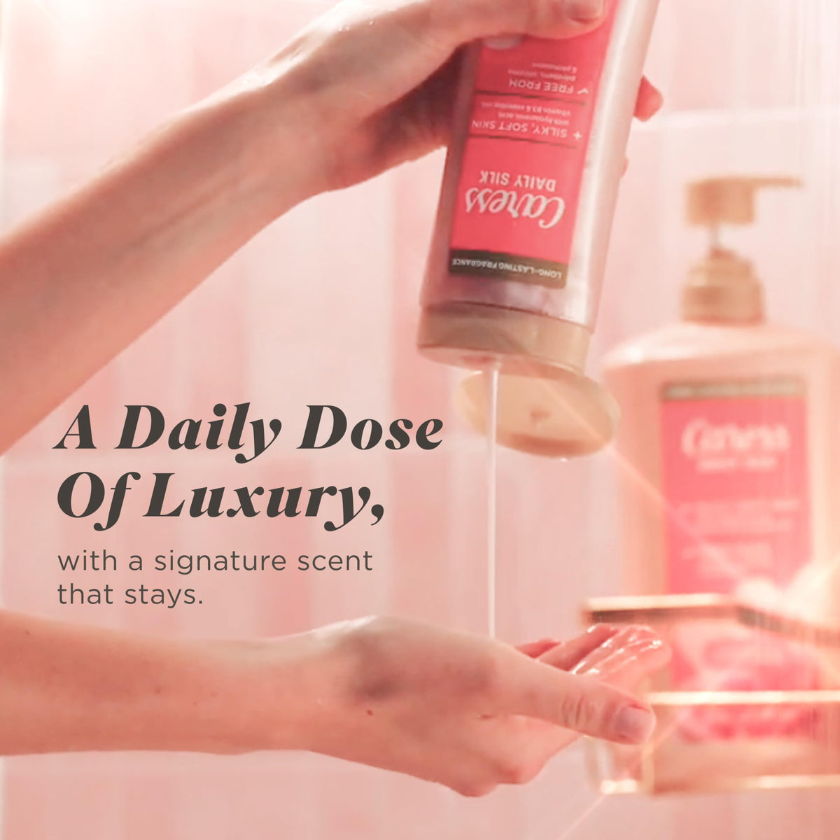 Caress open cap with pour showing smooth gel consistency for easy dispensing