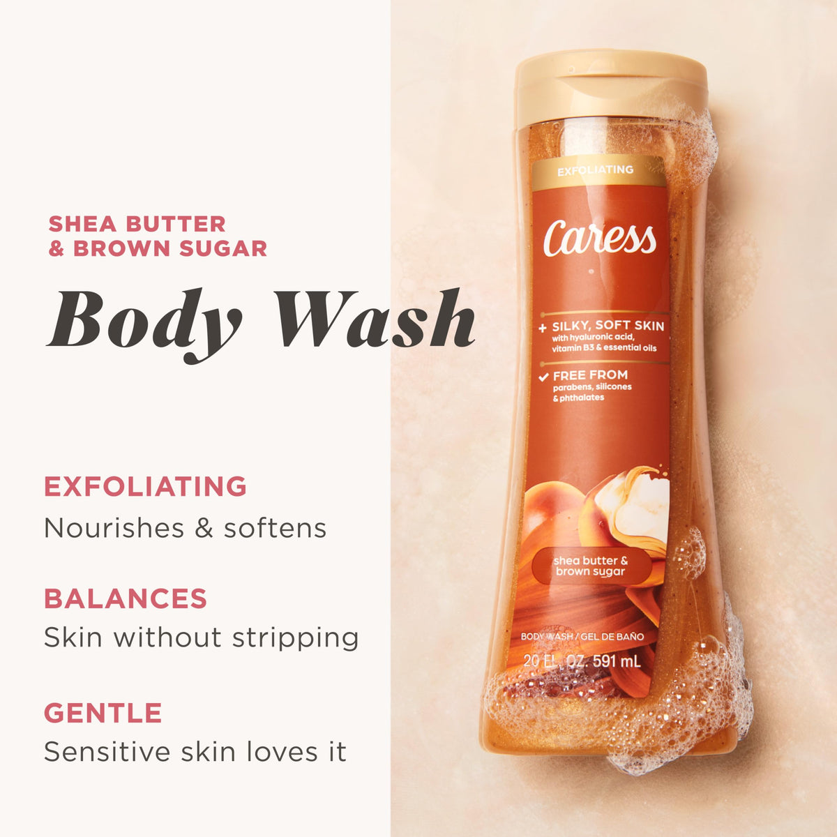 Caress label close-up highlighting ingredients and fragrance details