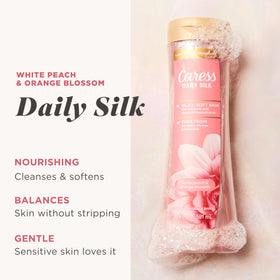 Caress label close-up highlighting fragrance notes and dermatologist-tested benefit