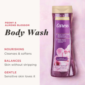 Caress pump and label close-up highlighting easy dispensing and precise portioning benefit
