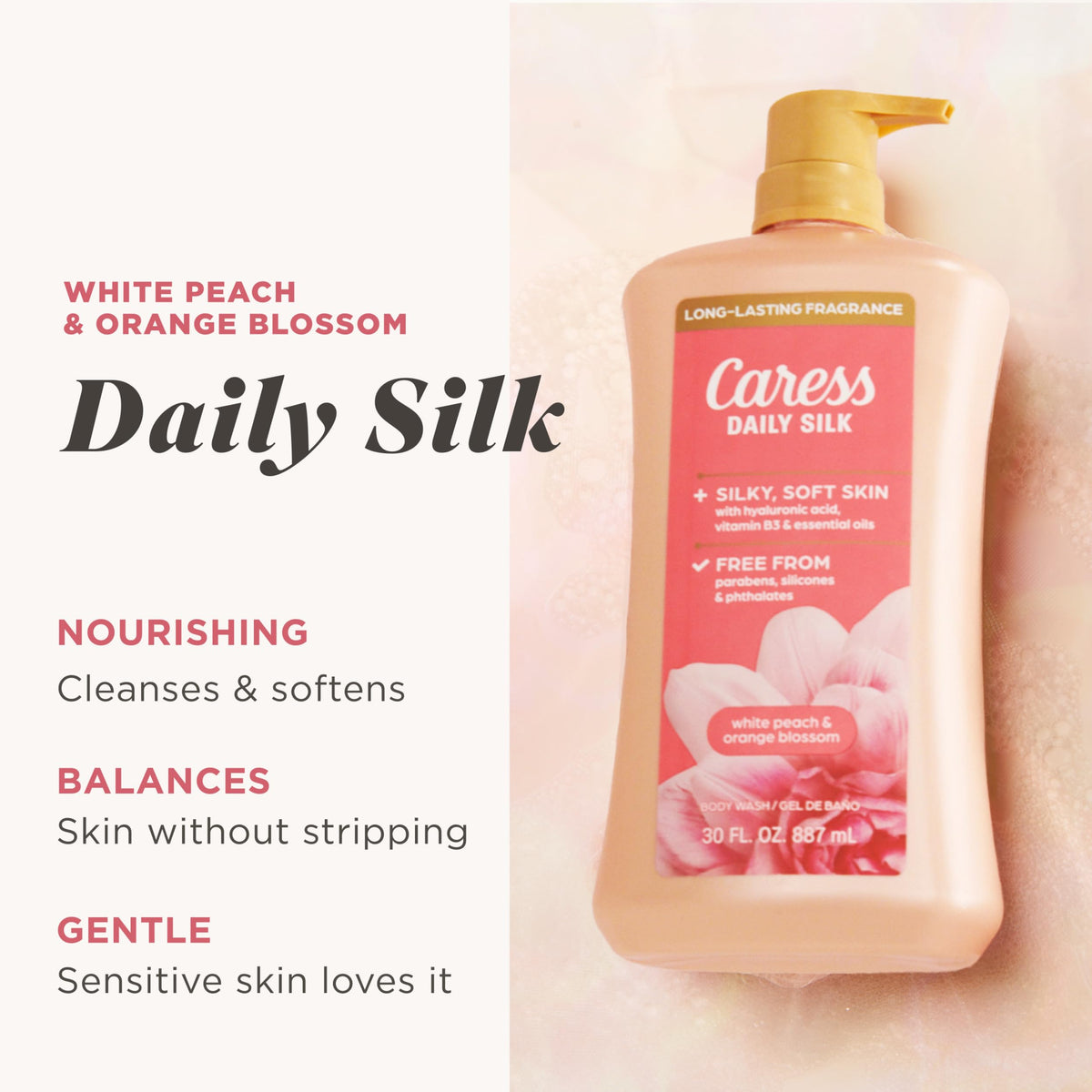 Caress pump dispensing creamy lather for easy, mess-free application
