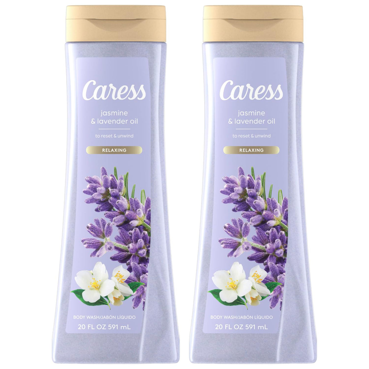 Caress front packaging showing bottles and calming floral scent benefit