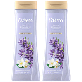 Caress front packaging showing bottles and calming floral scent benefit