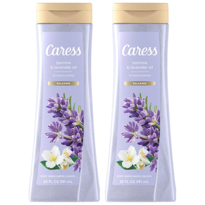 Caress front packaging showing bottles and calming floral scent benefit