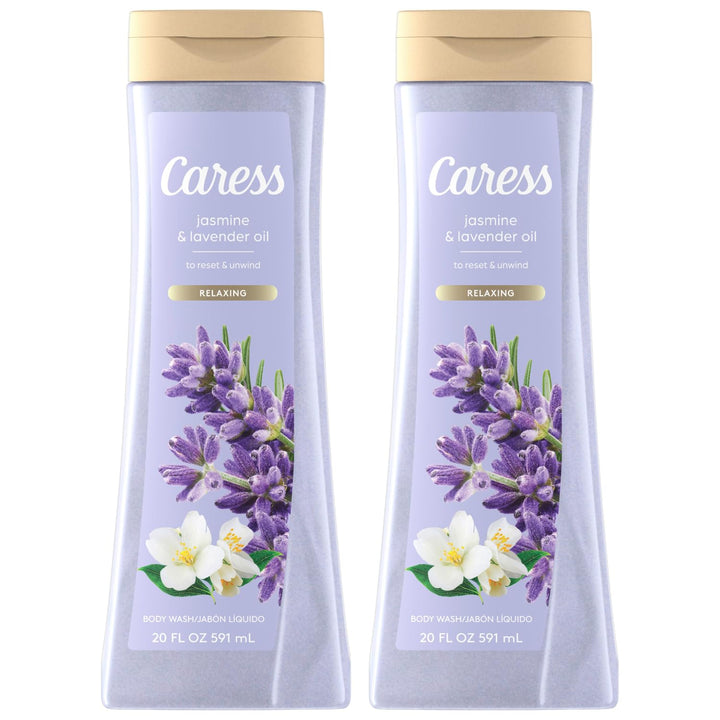 Caress front packaging showing bottles and calming floral scent benefit