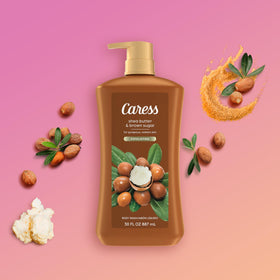 Caress two-pack on shelf showing 30 fl oz scale and value pack convenience